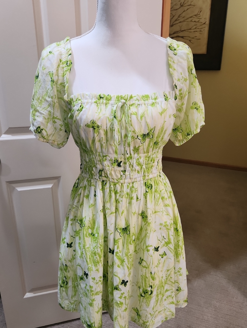 bp Green Floral Puff-Sleeve Smocked Dress
